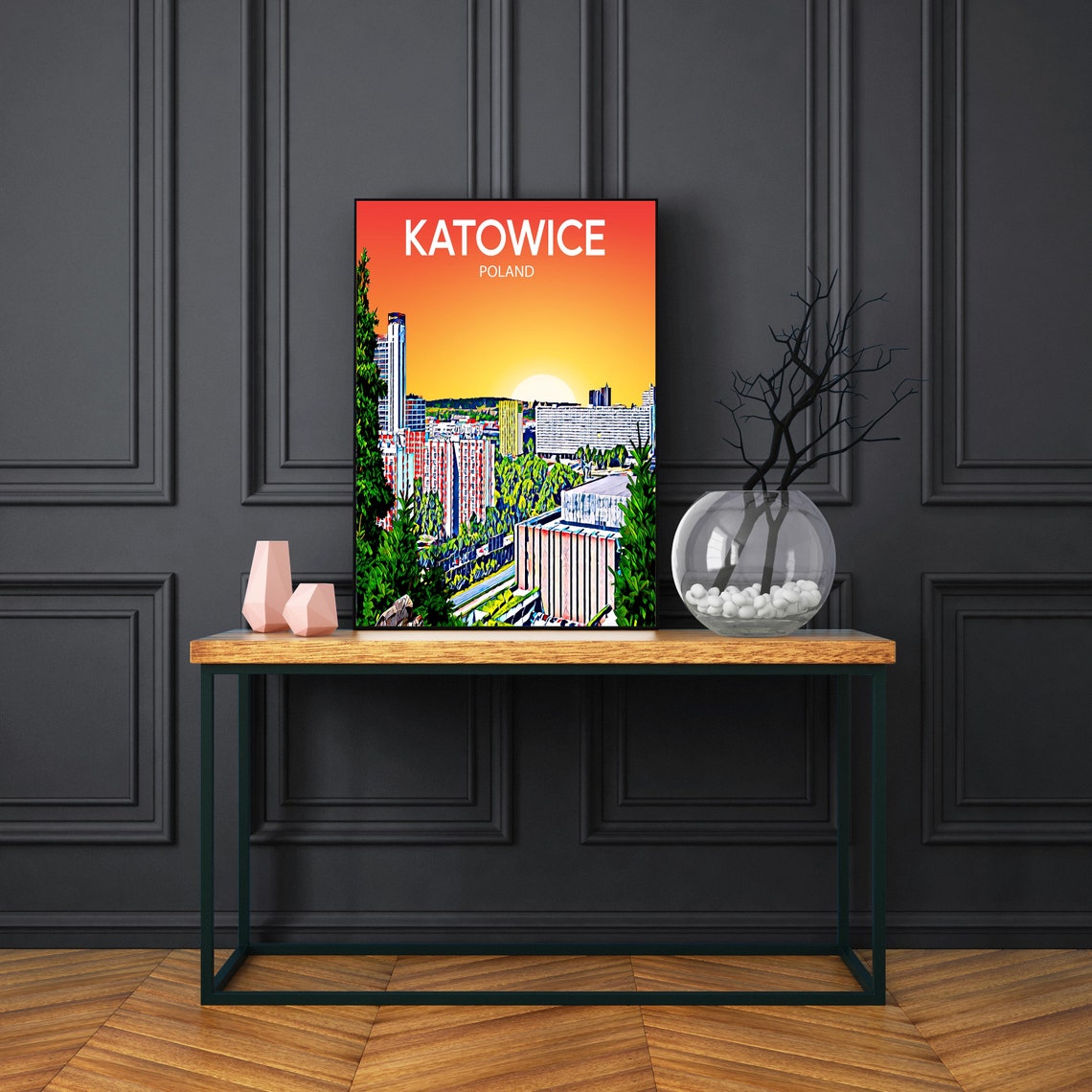 Katowice Poland Sunset Skyline Vibrant Mosaic Cityscape Art Poster - Image 3
