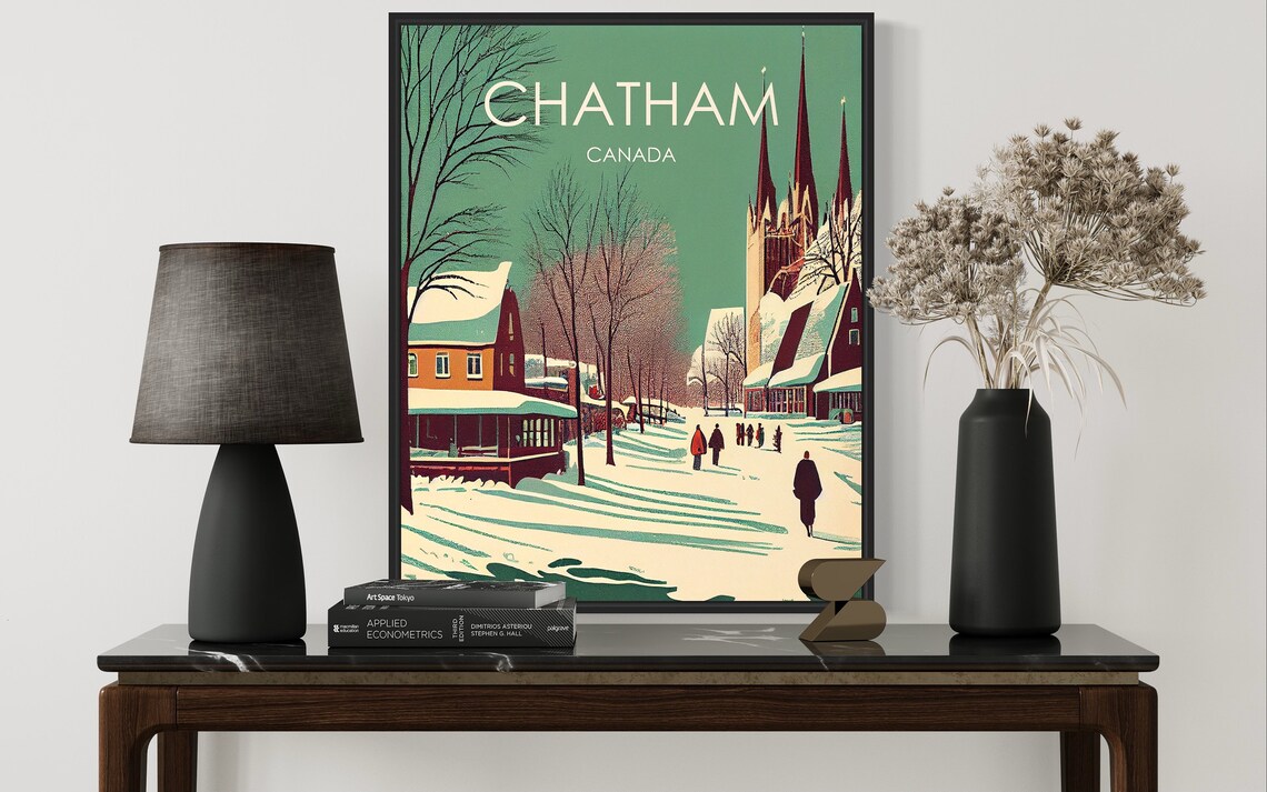 Chatham Canada Snowy Village Church Spires Winter Vintage Poster - Image 2