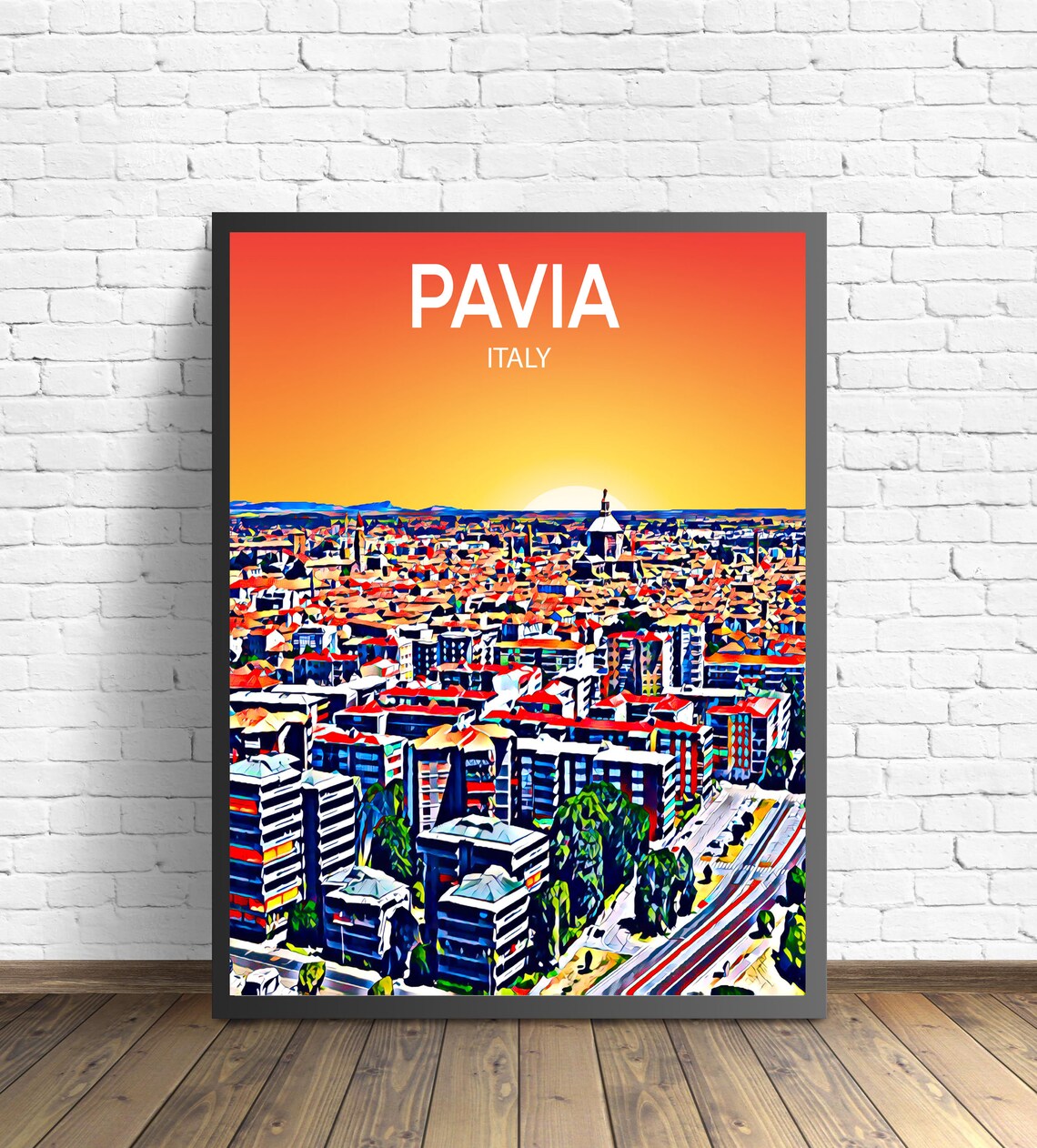 Pavia Italy Fiery Orange Sunset Aerial Cityscape Towers Art Poster