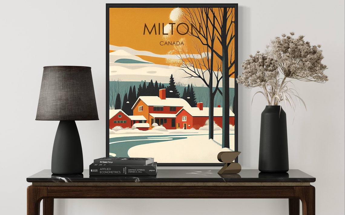 Milton Canada Snowy Red Farmhouse Winter Sunset Travel Poster - Image 2
