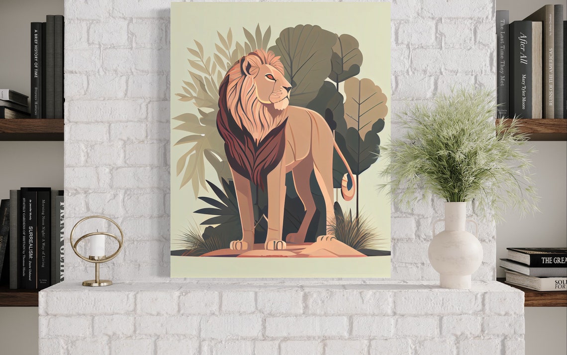 Lion Standing in Tropical Foliage Stylized Wildlife Art Poster - Image 3