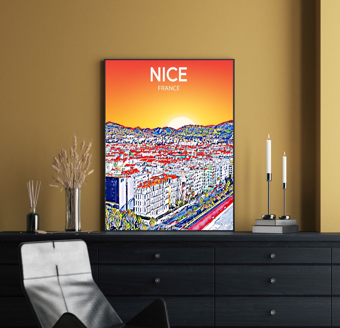 Nice France Riviera Red Rooftops Hillside Golden Sunset Skyline Poster - Image 2