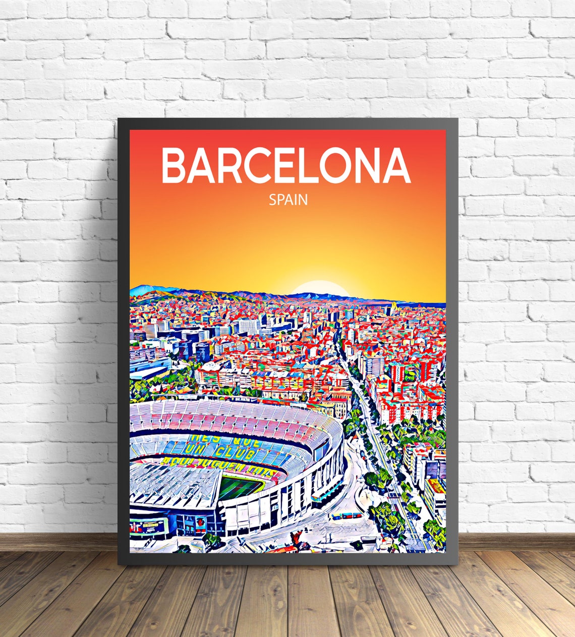 Barcelona Spain Camp Nou Stadium Sunset Skyline Poster Art Gift