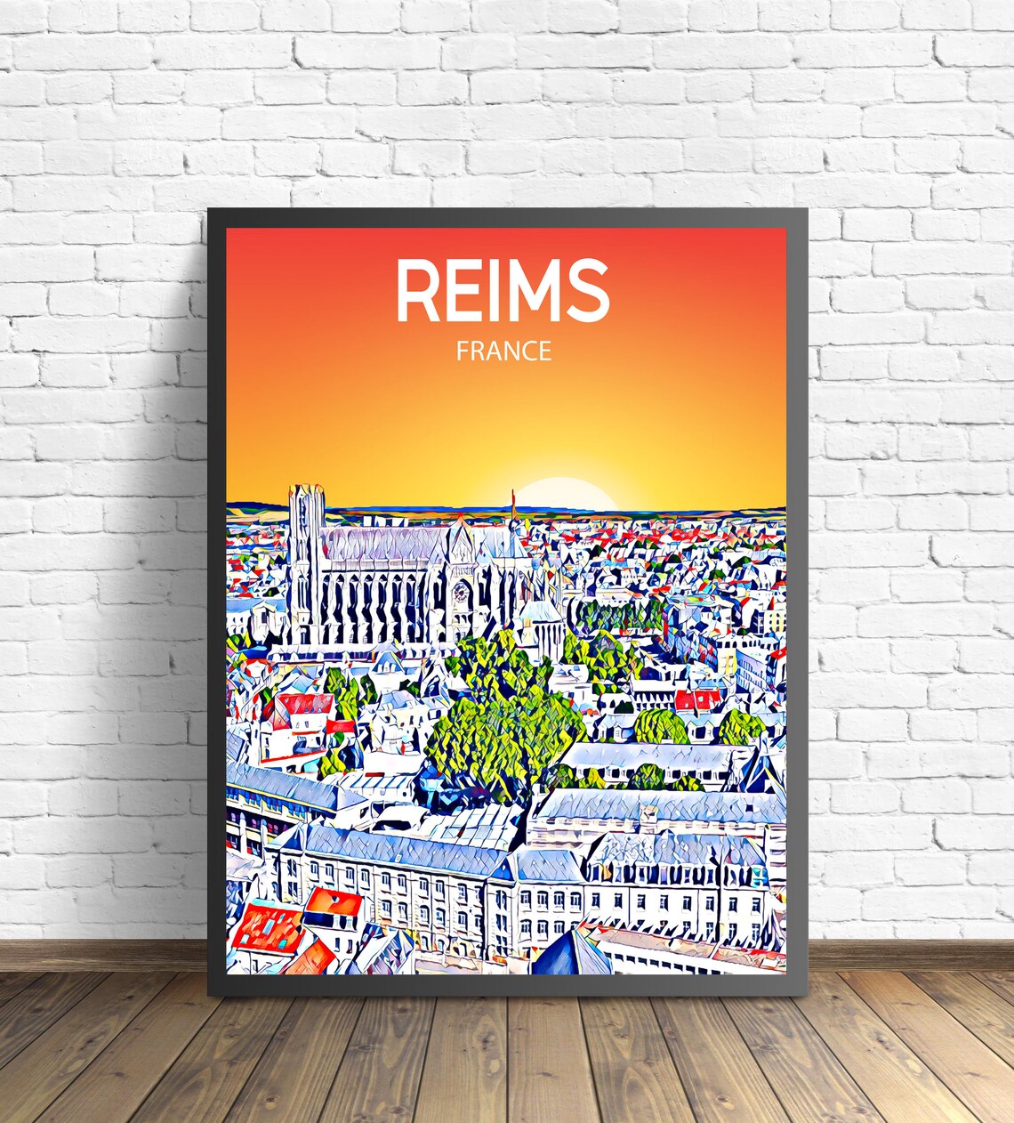 Reims France Art Poster Sunset Night Poster Art Print Reims City Modern Wall Art Colorful Skyline Photo Sketch