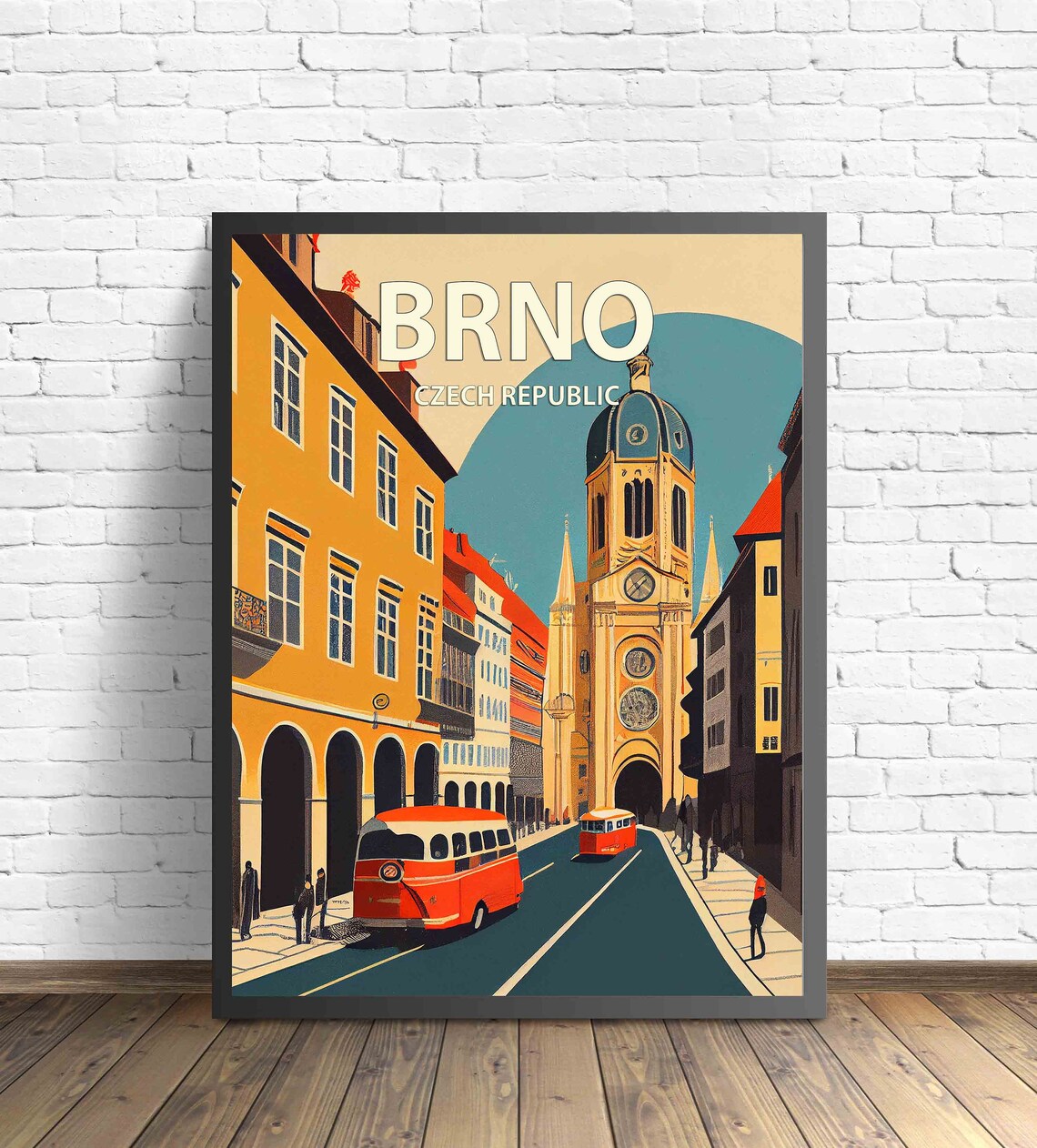 Brno Czech Republic Old Town Street Retro Tram Evening Travel Poster