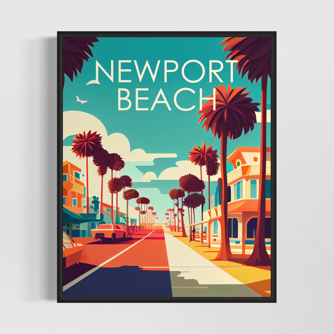 Newport Beach California Red Palm Street Retro Travel Art Poster