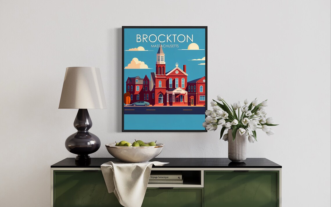 Brockton Massachusetts Historic Red Brick Hall Vintage City Poster - Image 3