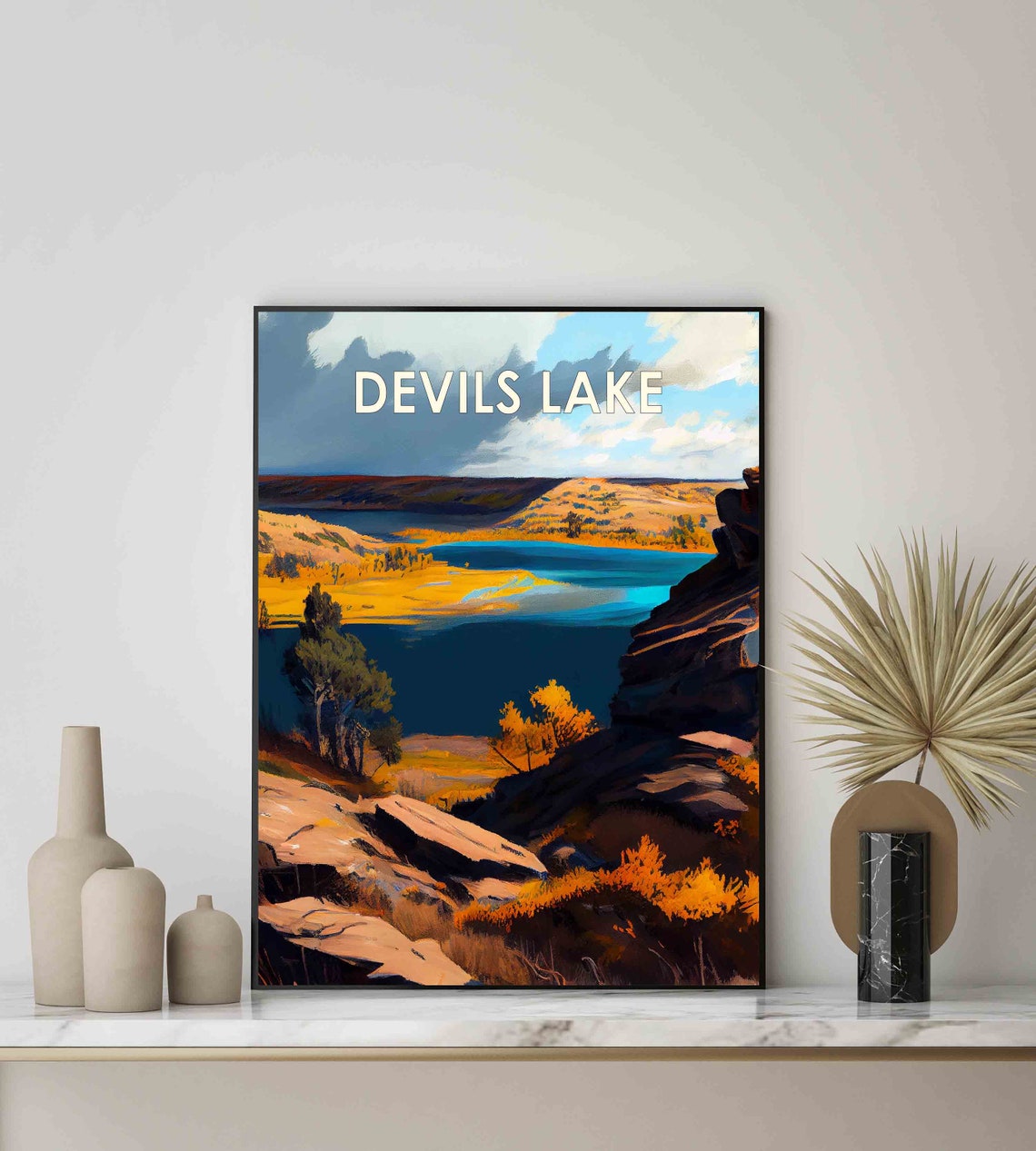 Devils Lake Rocky Cliffs Autumn Gold Prairie North Dakota Poster - Image 2