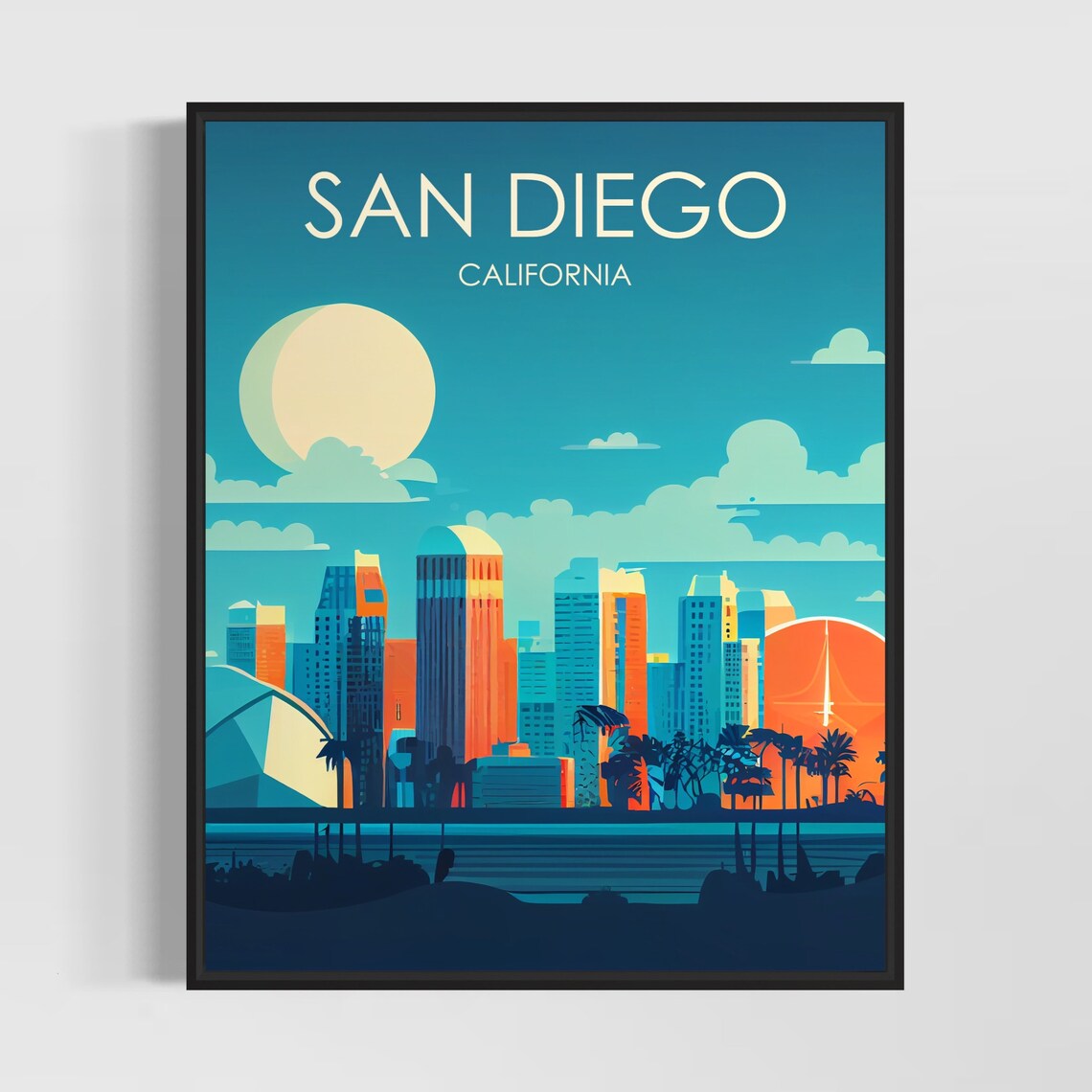 San Diego California Moonlit Downtown Skyline Night Travel Poster