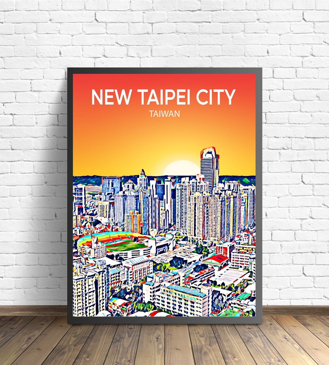 New Taipei City Taiwan Sunset Skyline Pop Art Urban Travel Poster