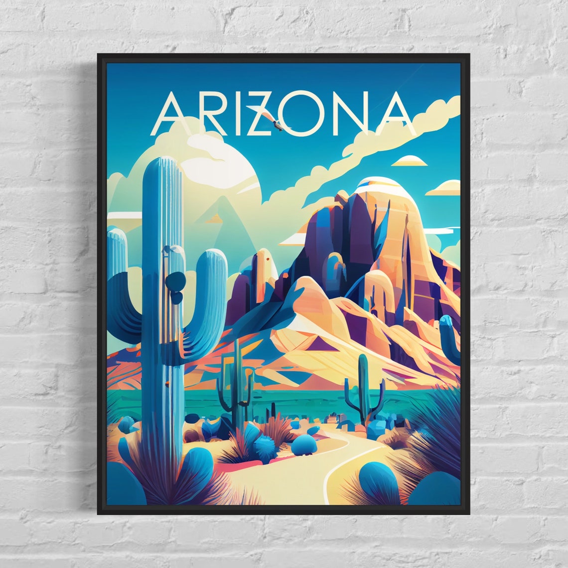 Arizona Desert Saguaro Cactus Mountain Retro Illustration Poster
