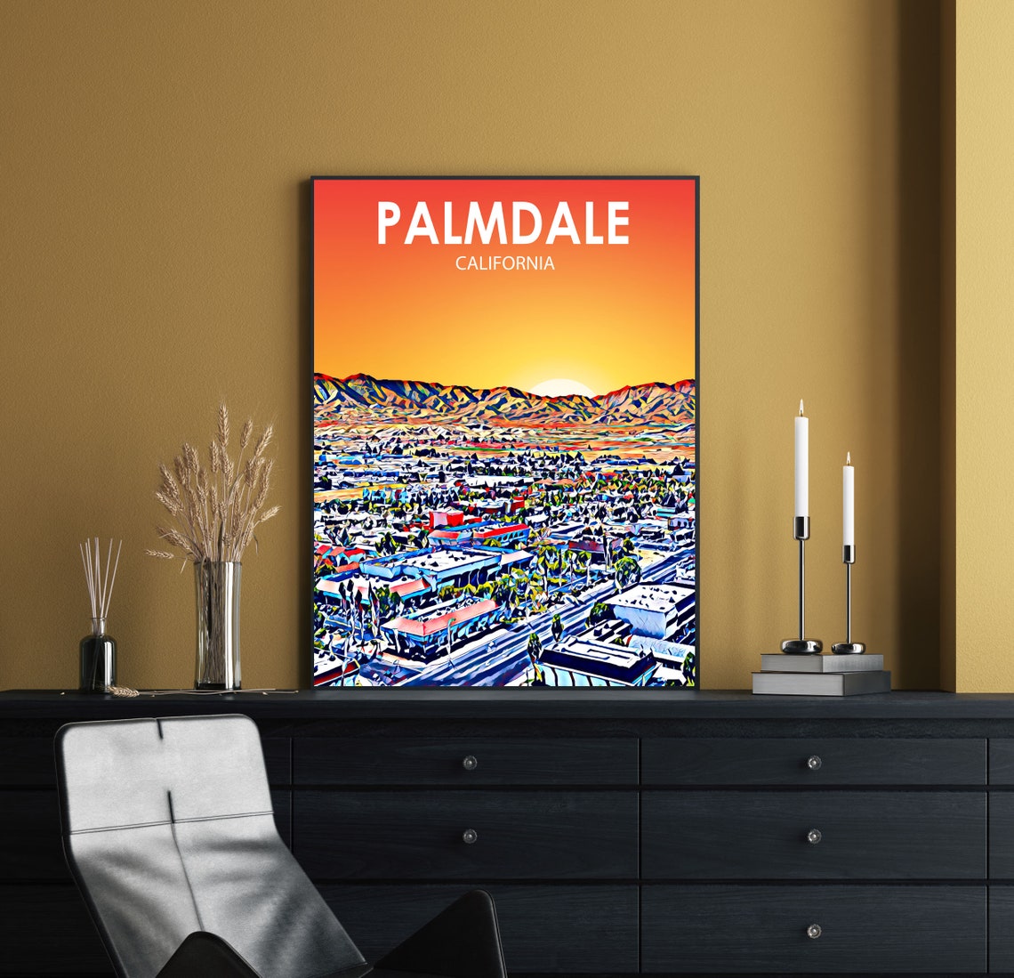 Palmdale California Colorful Sunset Skyline City Travel Poster - Image 2