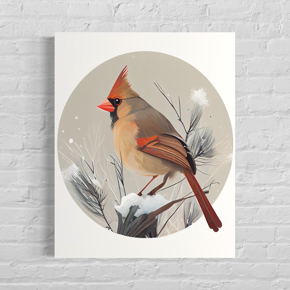 Female Northern Cardinal on a Snowy Branch Winter Bird Art Poster