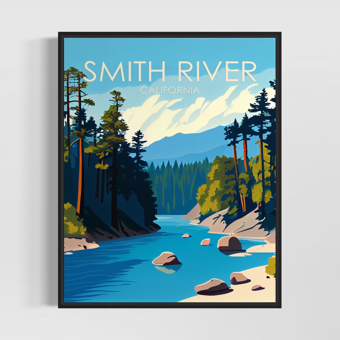 Smith River California Pine Forest River Retro Travel Poster Art