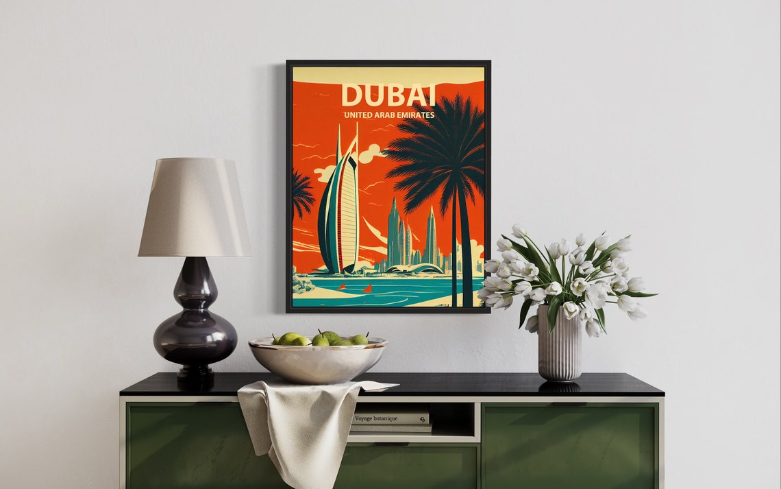 Dubai United Arab Emirates Sail Hotel Palms Retro Skyline Poster - Image 3