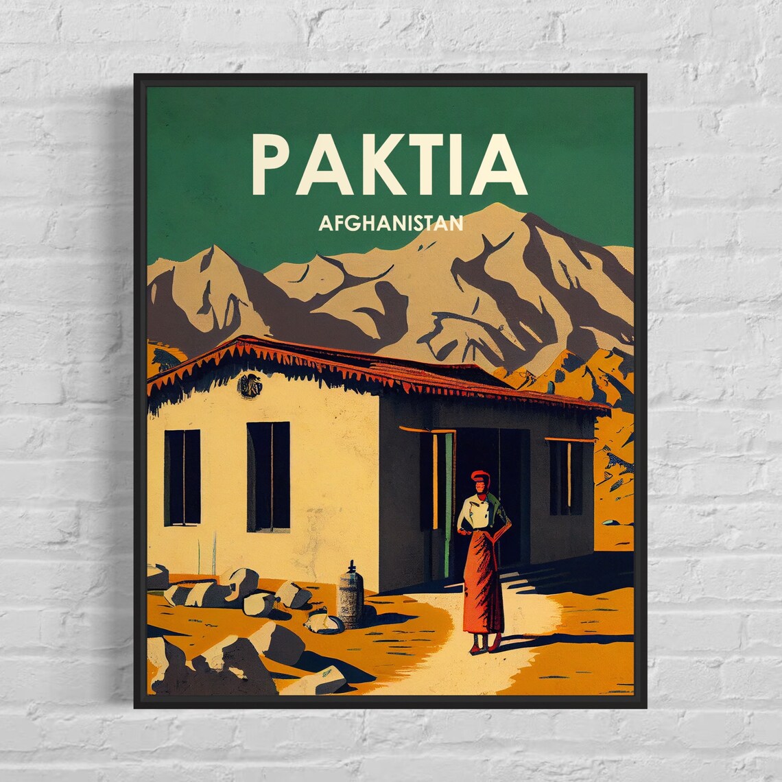 Paktia Afghanistan Mountain Village Desert Scene Retro Travel Poster