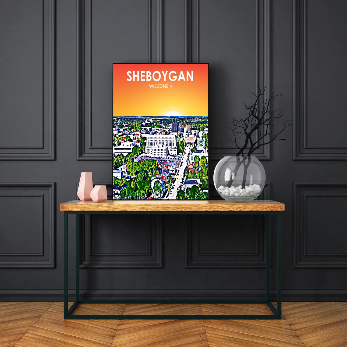 Sheboygan Wisconsin Sunset Aerial Downtown Sketch Art Poster - Image 3