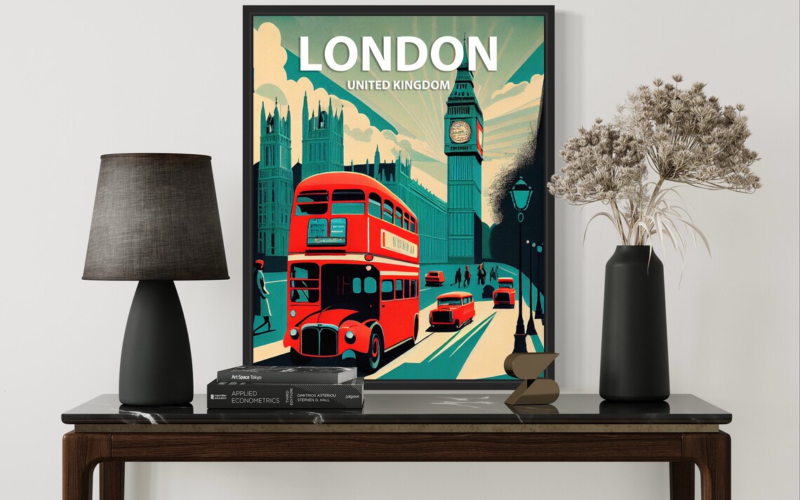 London United Kingdom Red Bus And Big Ben Vintage Travel Poster - Image 3