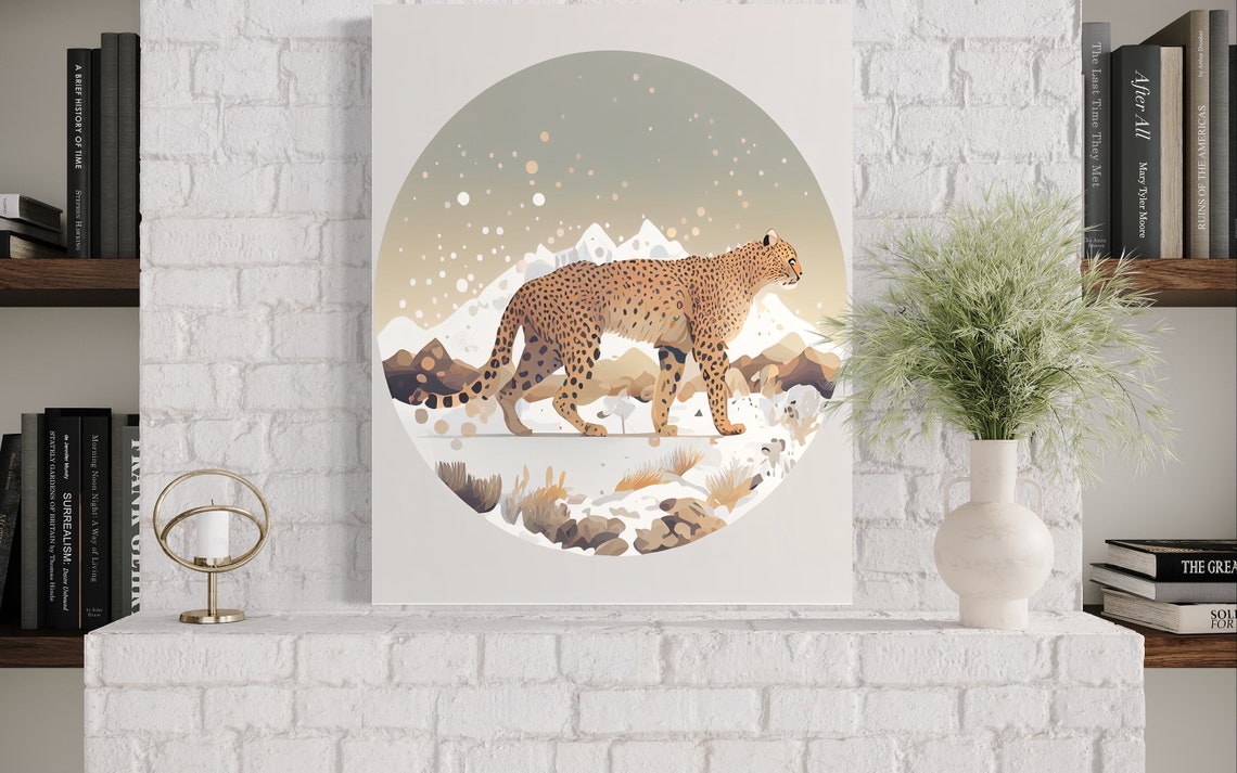 Leopard Walking Through Snowy Mountain Landscape Wildlife Art Poster - Image 3