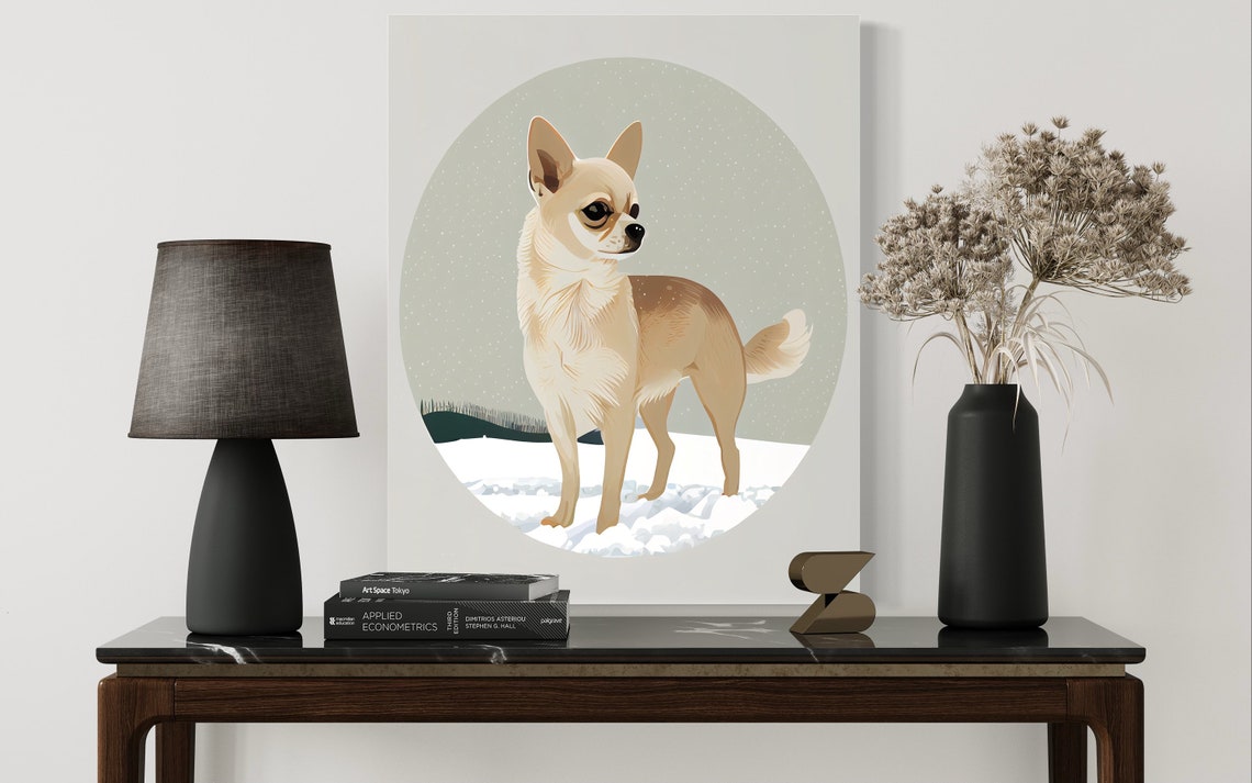 Tan Chihuahua Standing Alert in Falling Snow Circle Art Poster - Image 2