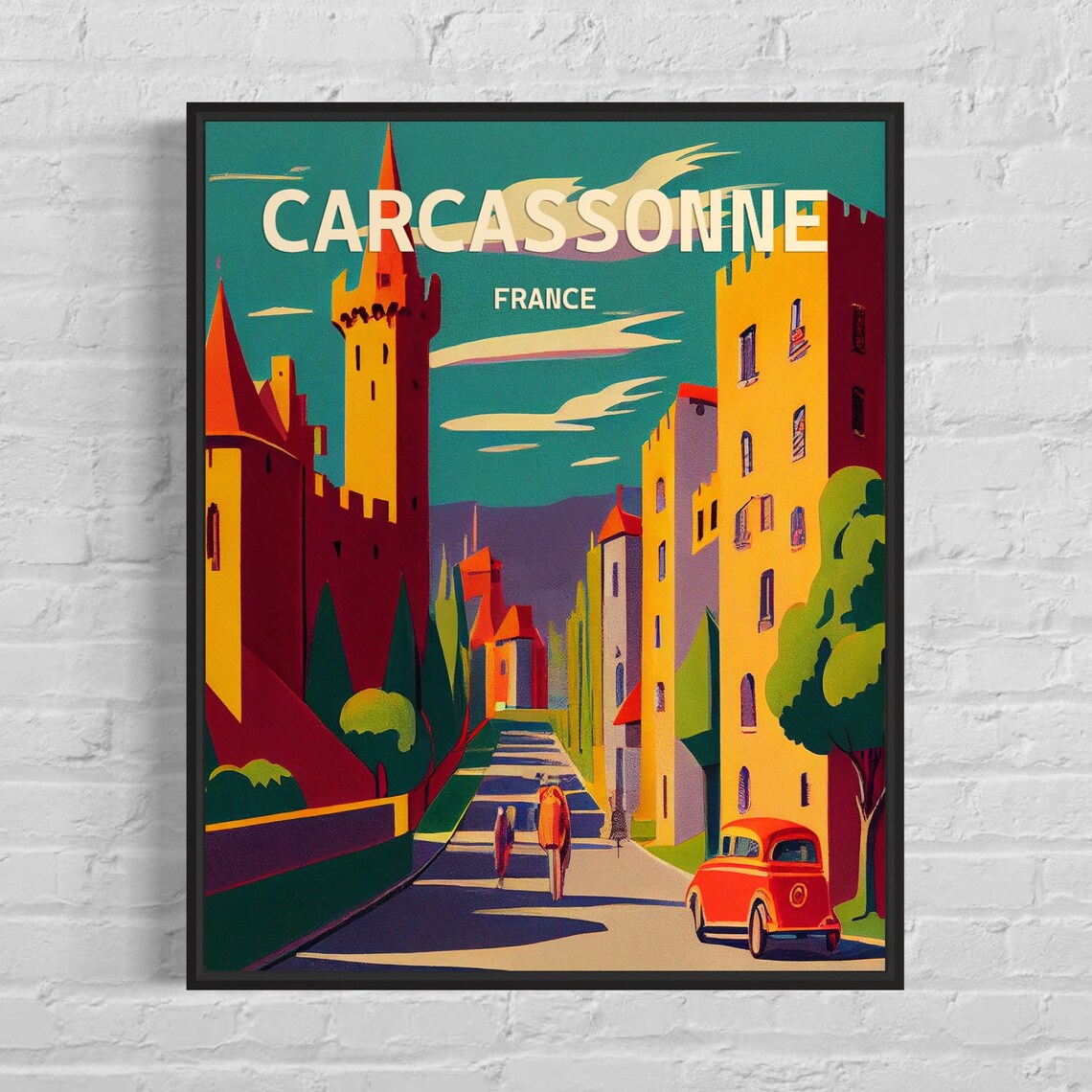 Carcassonne France Medieval Castle Town Retro Colorful Poster