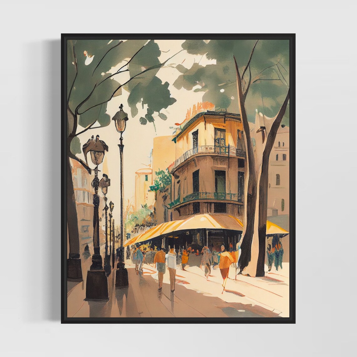 La Rambla Barcelona Watercolor Street Lamps Cafe Awnings Art Poster