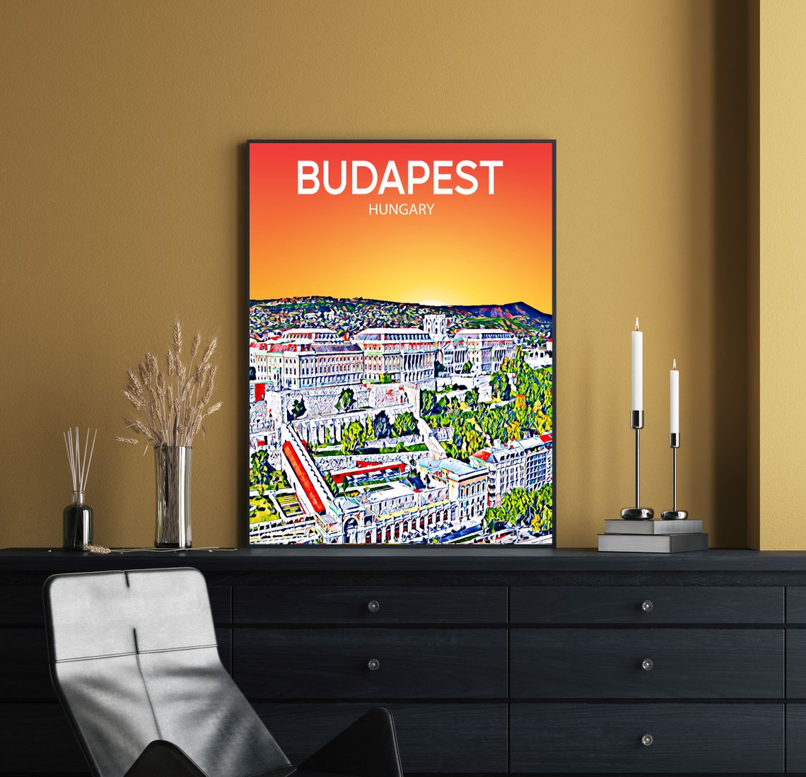 Budapest Hungary Sunset Skyline Buda Castle Sketch Art Poster - Image 2