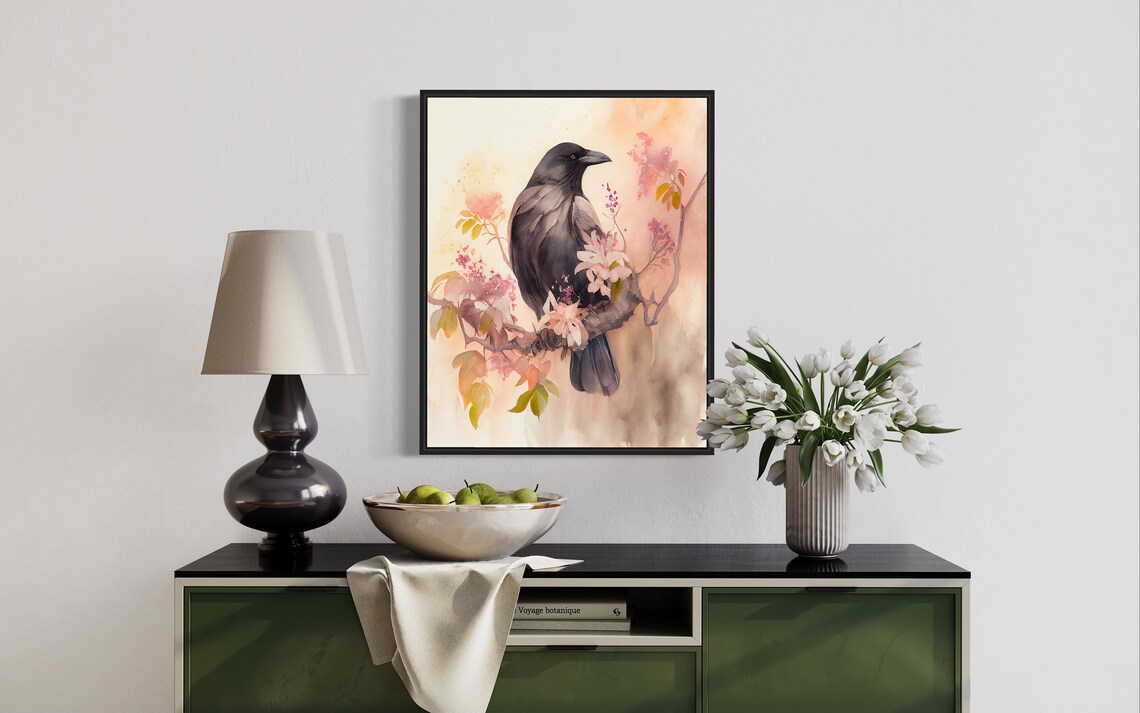Black Crow Perched on Blossoming Branch Watercolor Art Poster - Image 3