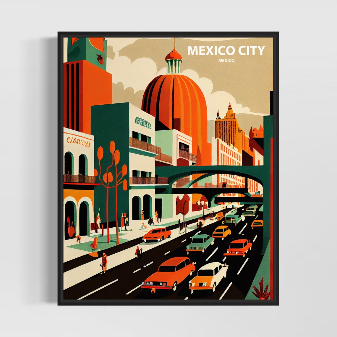 Mexico City Retro Downtown Street With Classic Cars Dome Poster