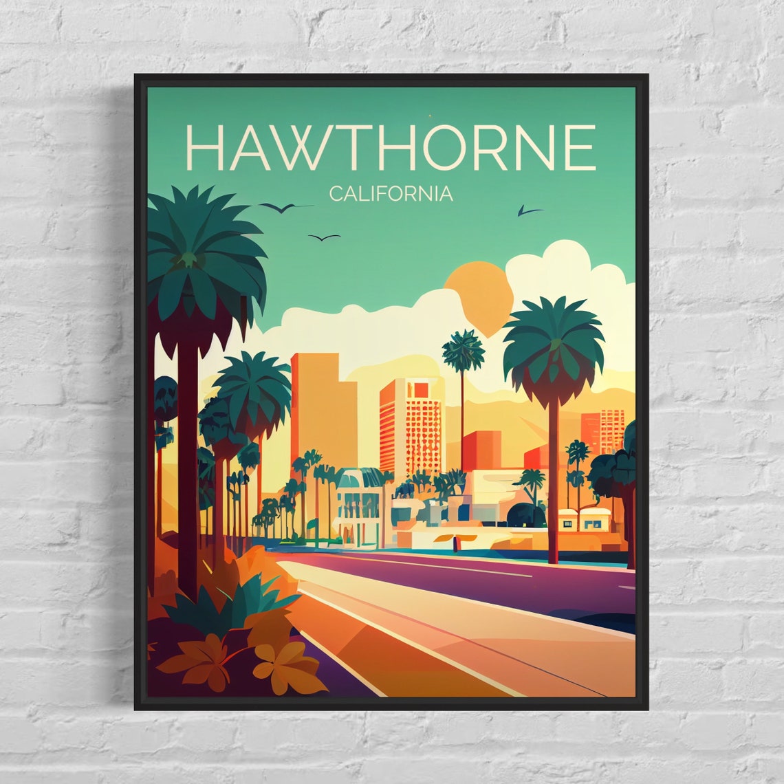 Hawthorne California Palm Boulevard Sunset Retro Travel Poster