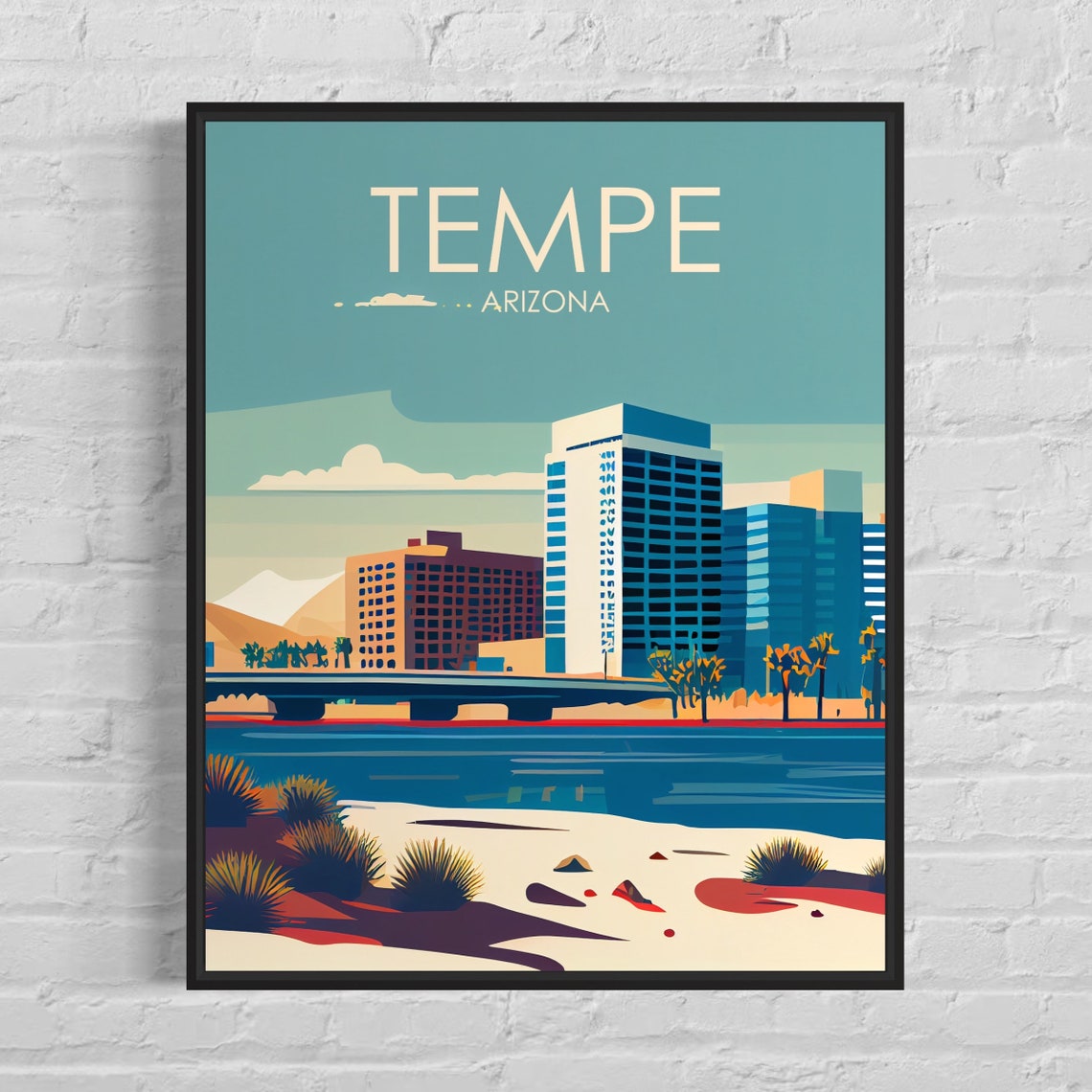 Tempe Arizona Skyline Poster with Town Lake Bridge and Palms