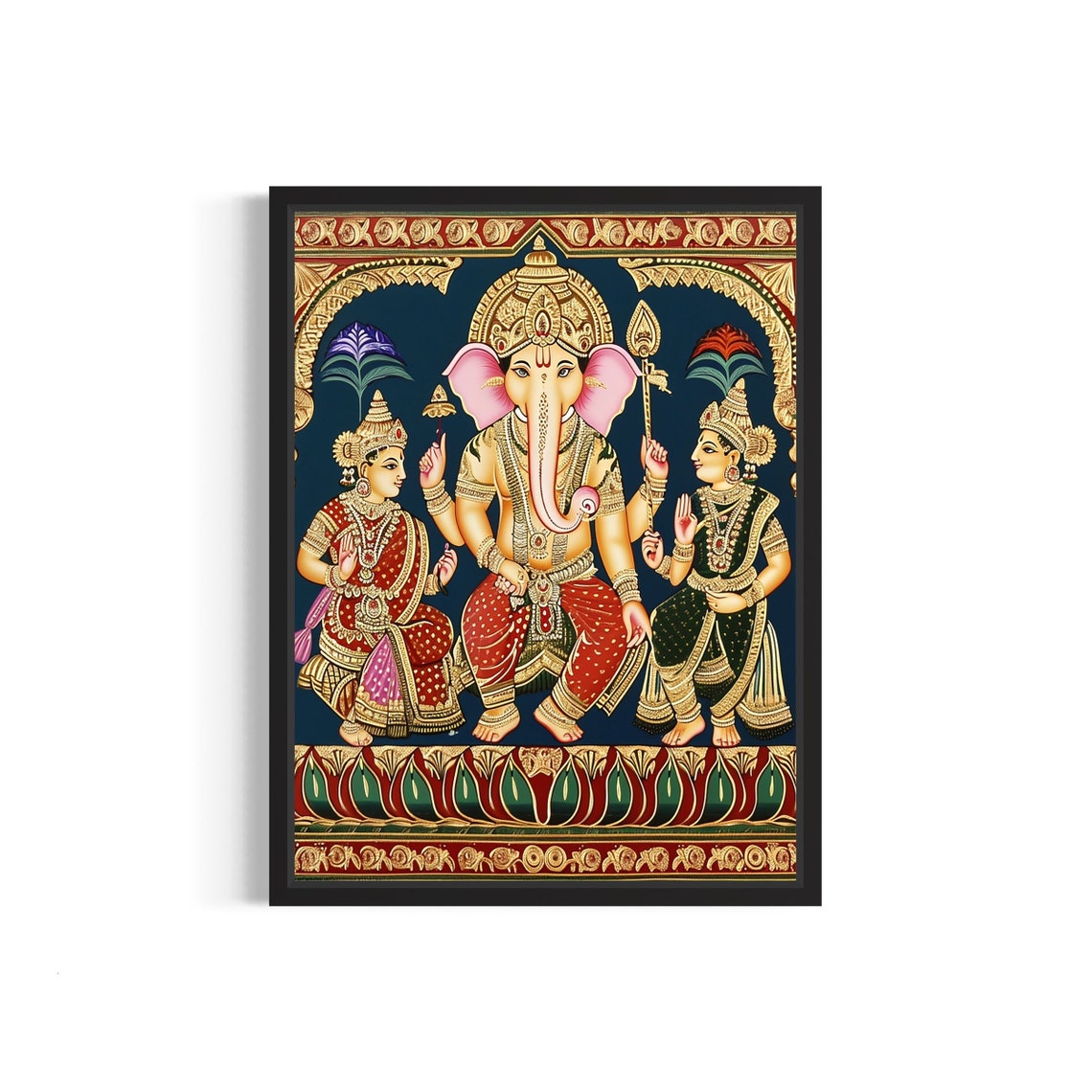 Lord Ganesha With Attendants in Ornate Gold Tanjore Art Poster