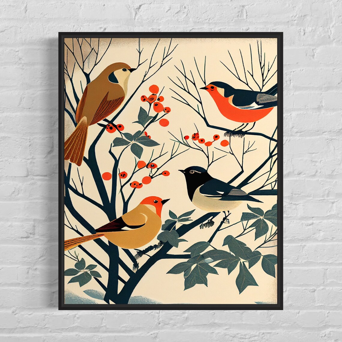Finches Woodblock Style Four Songbirds Berry Branches Art Poster