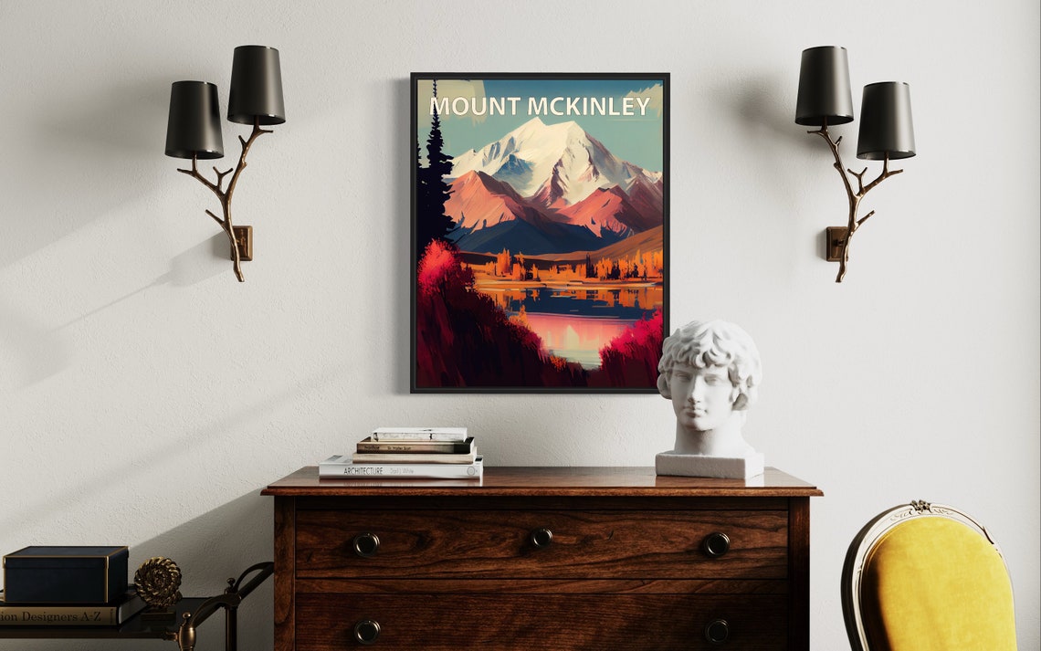 Mount McKinley Alaska Golden Snow Peak Lake Reflection Dusk Poster - Image 3