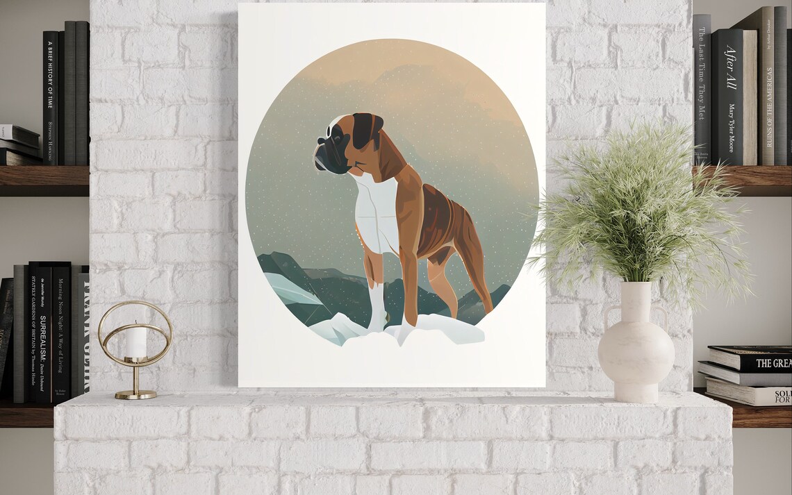 Brindle Boxer Dog Standing in Snowy Mountains Circle Art Poster - Image 3