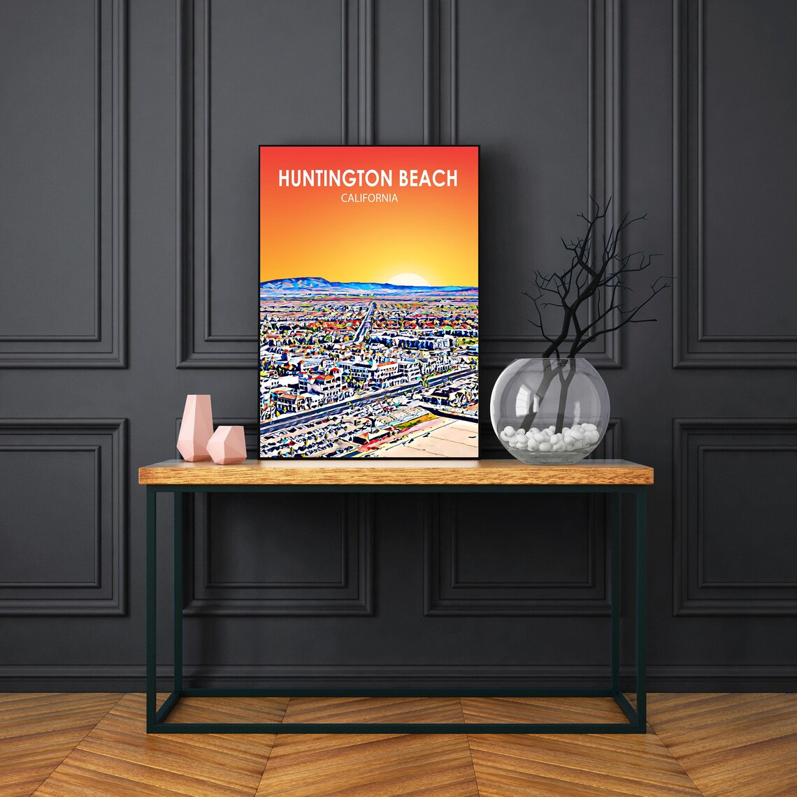 Huntington Beach California Colorful Sunset Skyline City Travel Poster - Image 3