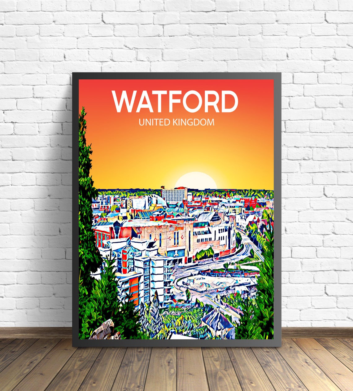 Watford England Sunset Skyline City Panorama Pop Art Travel Poster