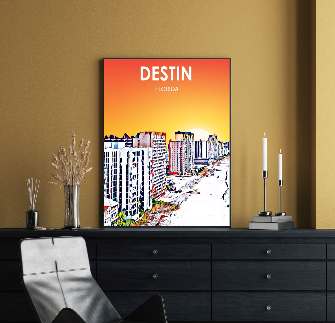 Destin Florida Sunset Beachfront Towers Colorful Skyline Poster - Image 2