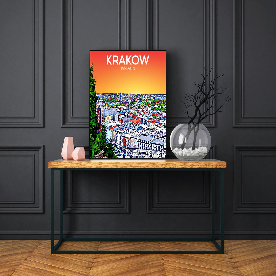 Krakow Poland Sunset Old Town Aerial Colorful Sketch Art Poster - Image 2