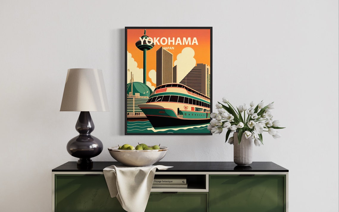 Yokohama Japan Harbor Ferry Marine Tower Sunset Retro Poster - Image 2