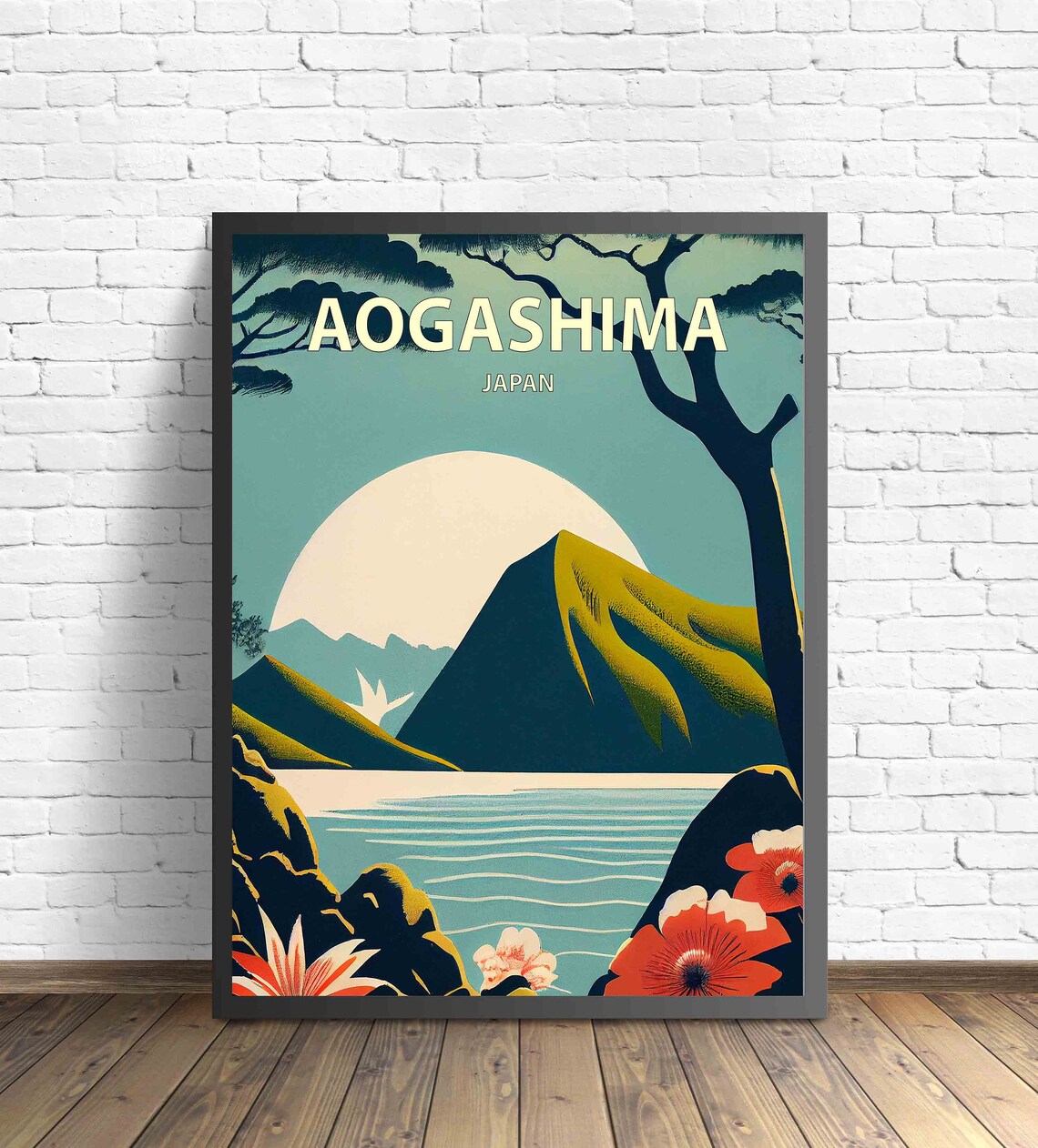 Aogashima Japan Volcanic Island Moonlit Sunset Retro Travel Poster