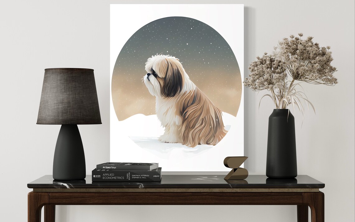 Shih Tzu Dog Snowy Night Circular Minimalist Breed Portrait Wall Art - Image 2