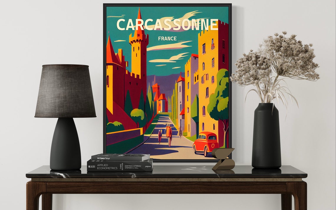 Carcassonne France Medieval Castle Town Retro Colorful Poster - Image 2