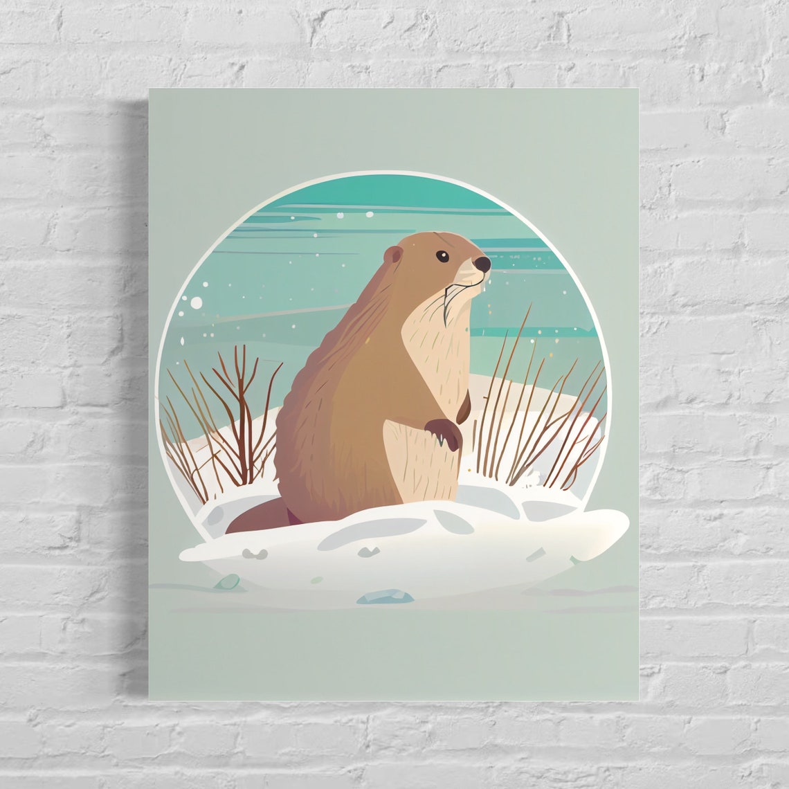 Groundhog Sitting in Snowy Meadow Winter Wildlife Art Poster