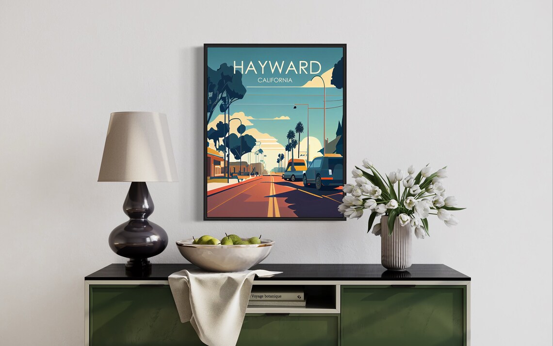 Hayward California Palm Lined Sunset Street Retro Art Poster - Image 3
