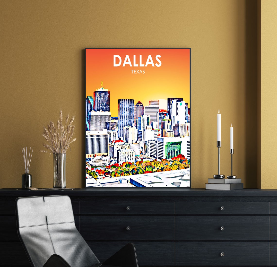 Dallas Texas Sunset Skyline Pop Art Cityscape Downtown Travel Poster - Image 3