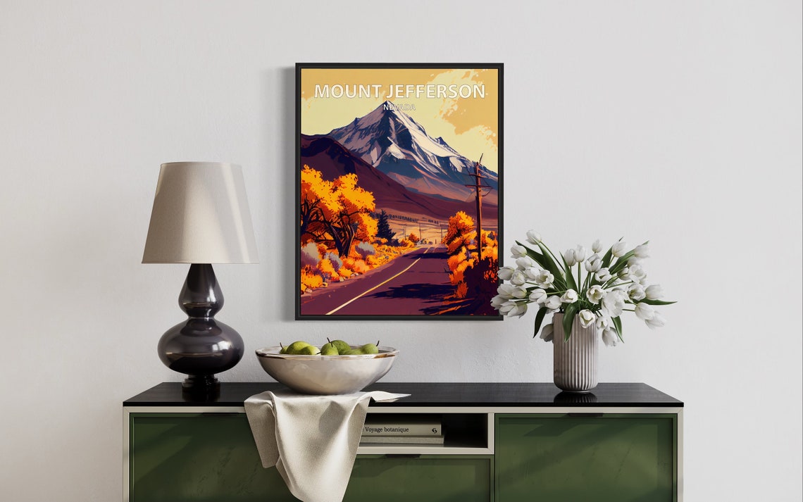 Mount Jefferson Nevada Snowy Summit Autumn Road Retro Travel Poster - Image 3