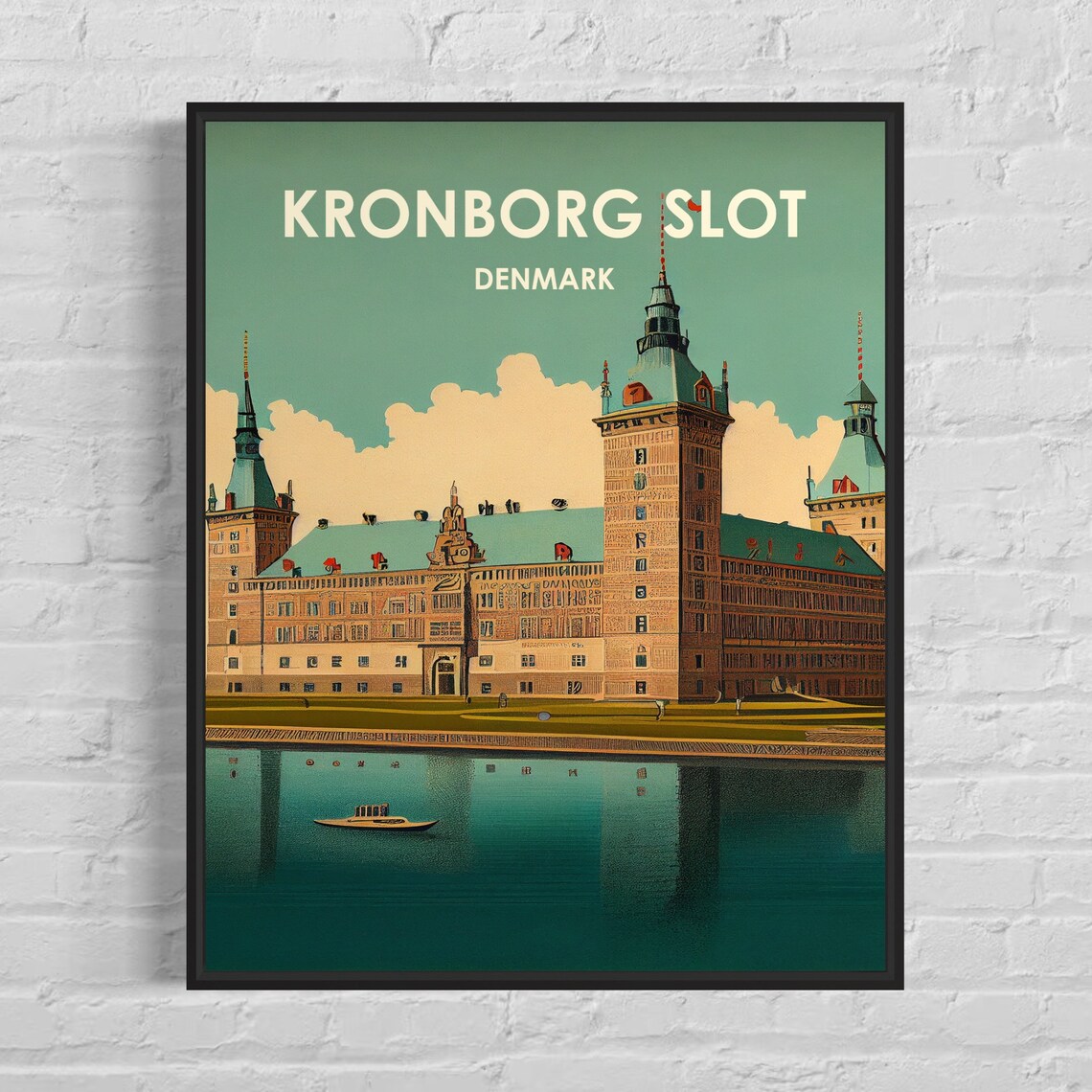 Kronborg Slot Denmark Castle by the Water Retro Travel Poster