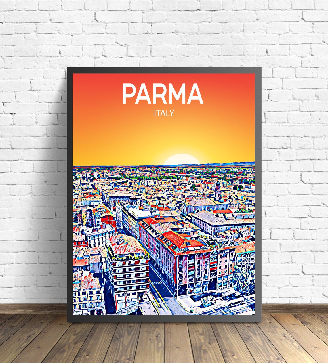 Parma Italy Golden Sunset Historic City Center Skyline Travel Poster