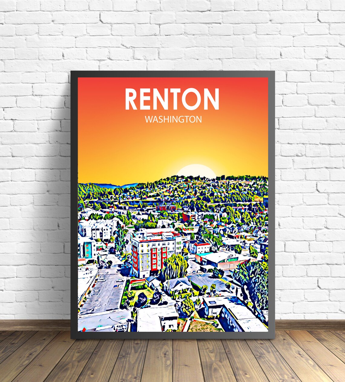 Renton Washington Colorful Sunset Skyline City Travel Poster
